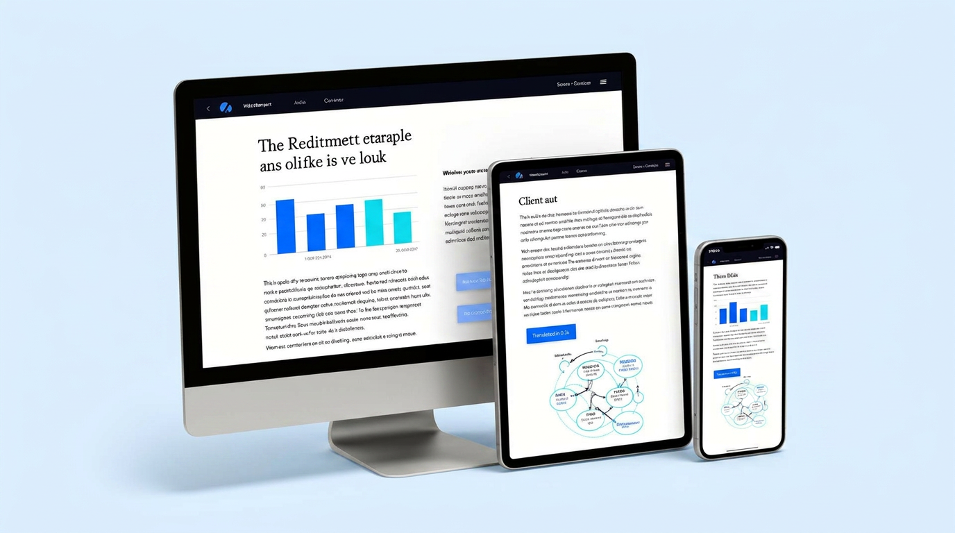 The same Flodoc report rendered on desktop, tablet, and phone
