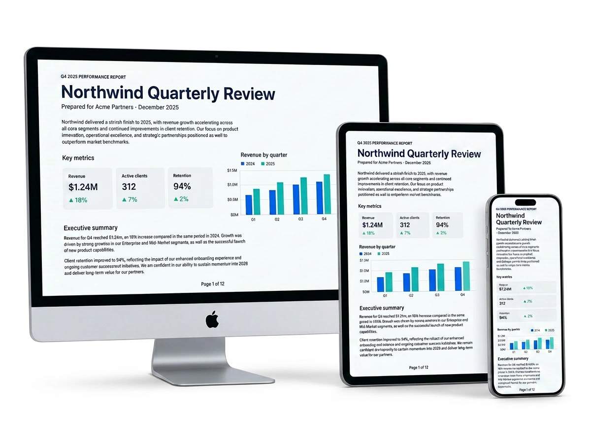 The same Flodoc report rendered on desktop, tablet, and phone